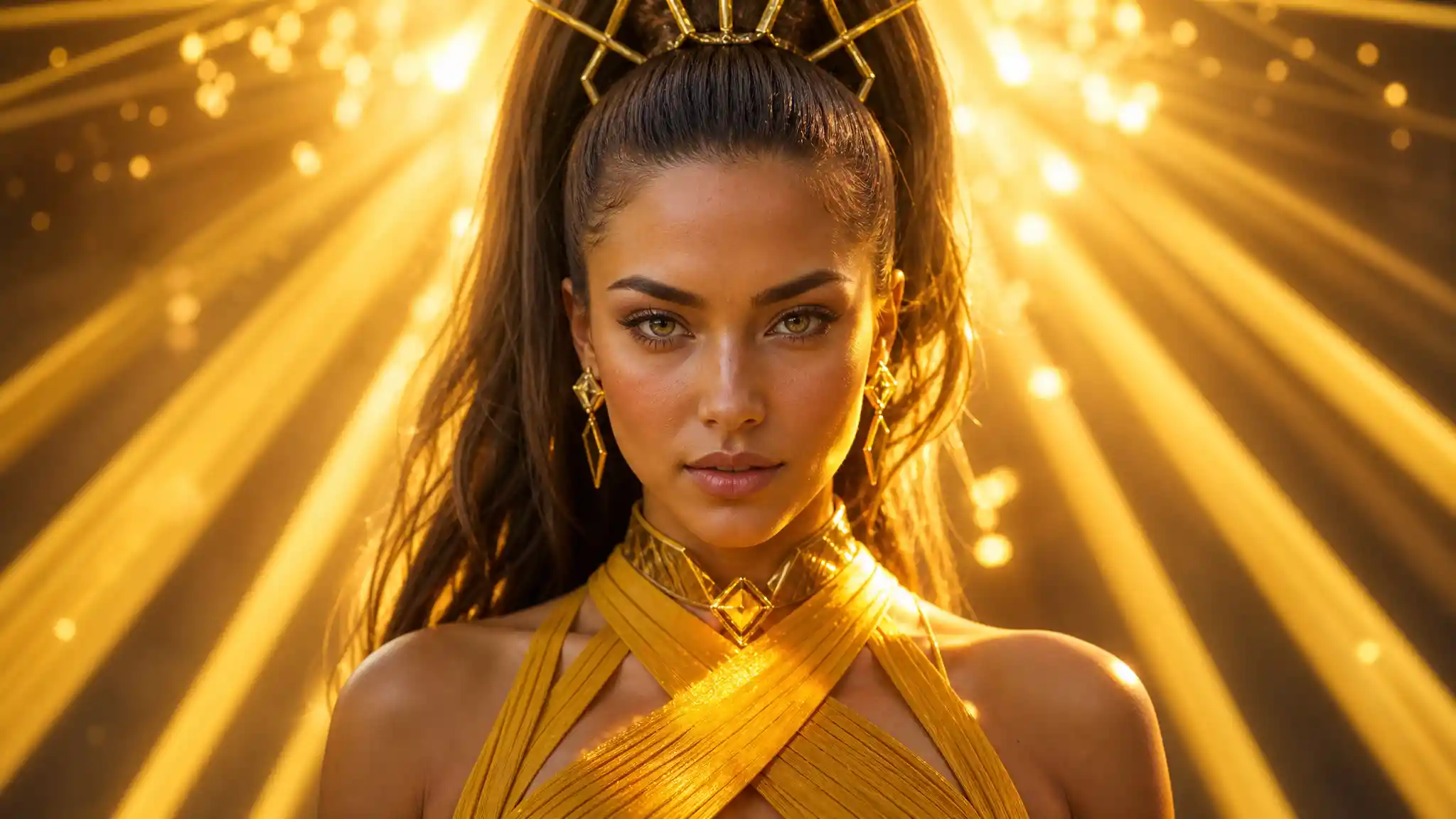 Golden backlit portrait of a regal woman with radiant aura