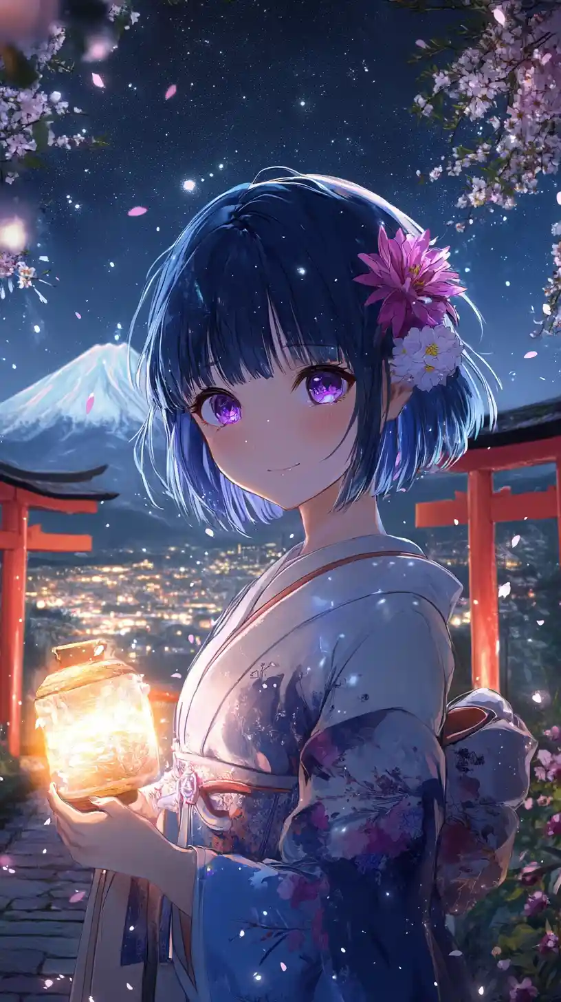 Anime girl in kimono holding glowing lantern at shrine