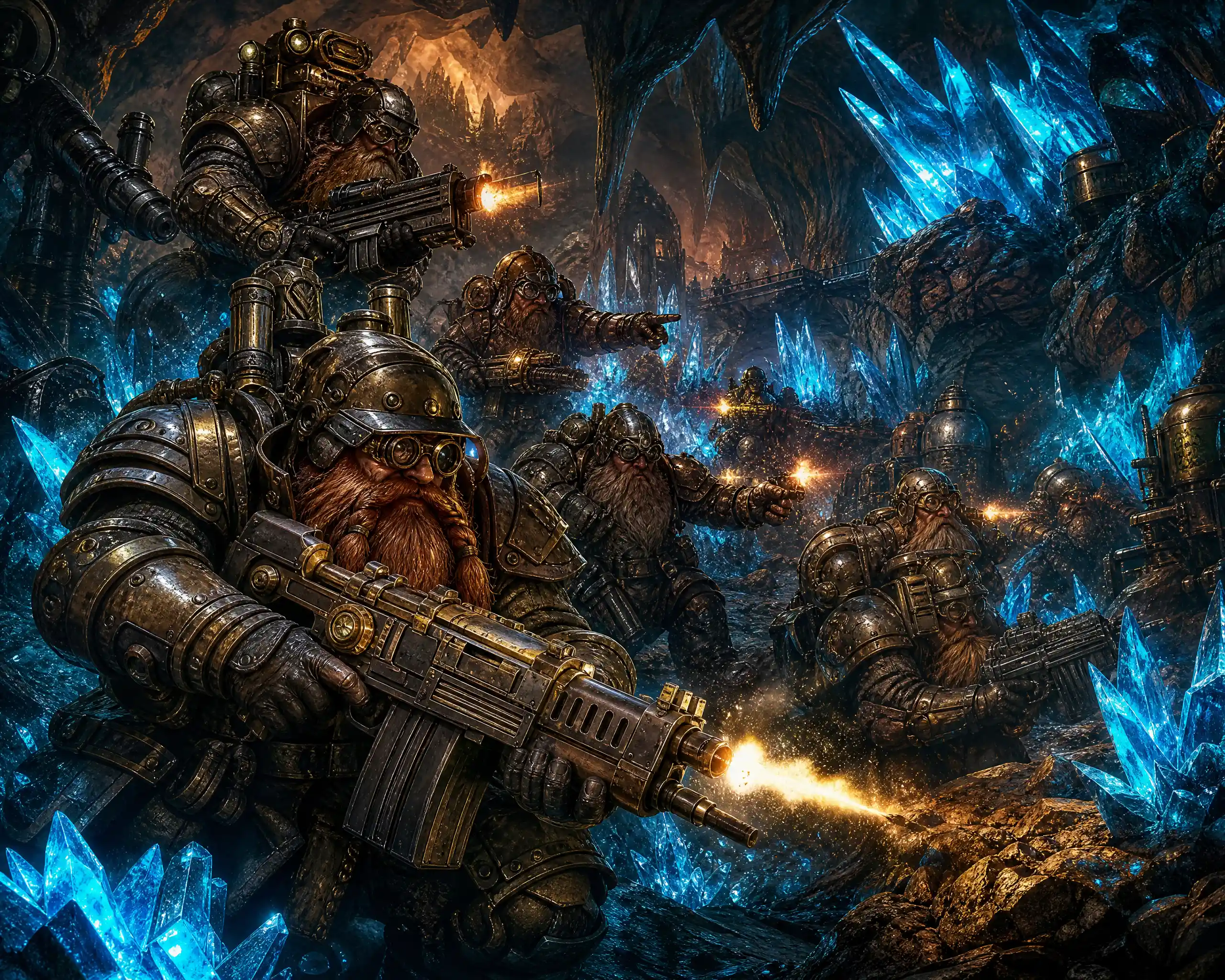 Armed dwarves battling through a crystal filled dieselpunk cave