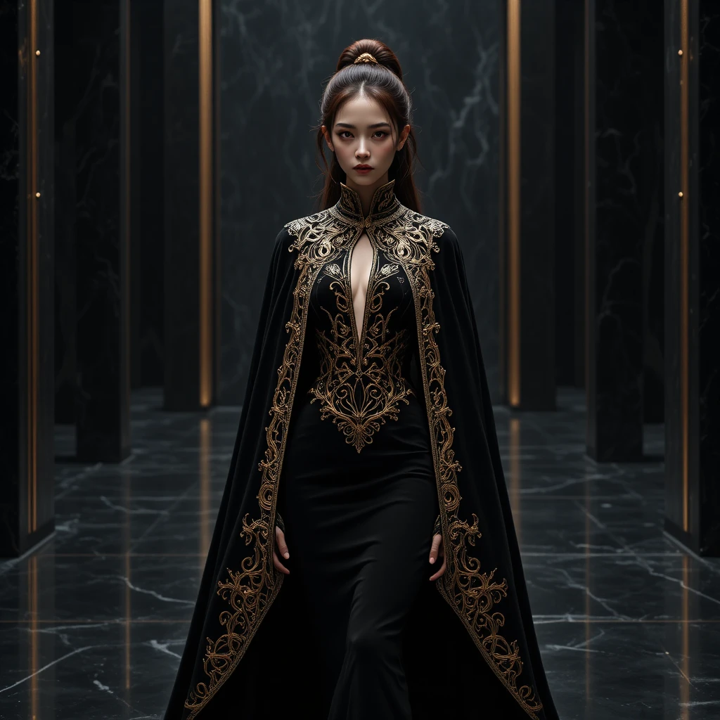 Erhabene koreanische Frau in schwarzem Samtumhangkleid