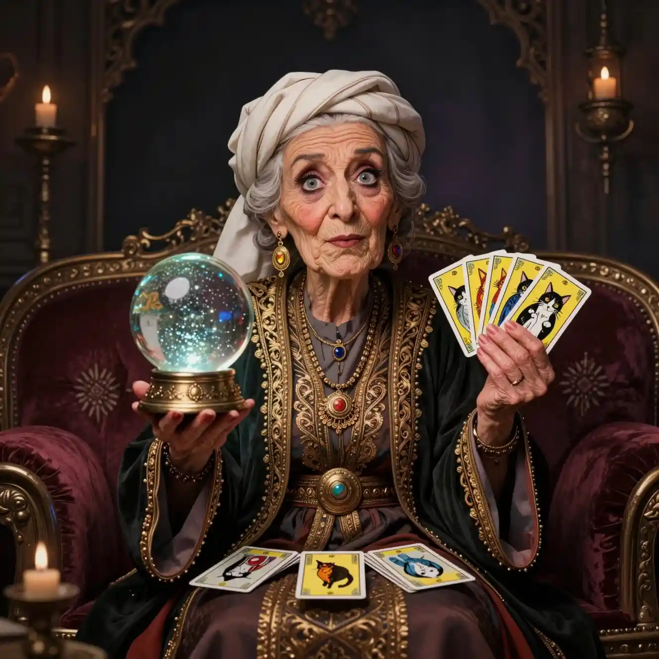 Whimsical Elderly Fortune Teller In A Dim Mystical Booth