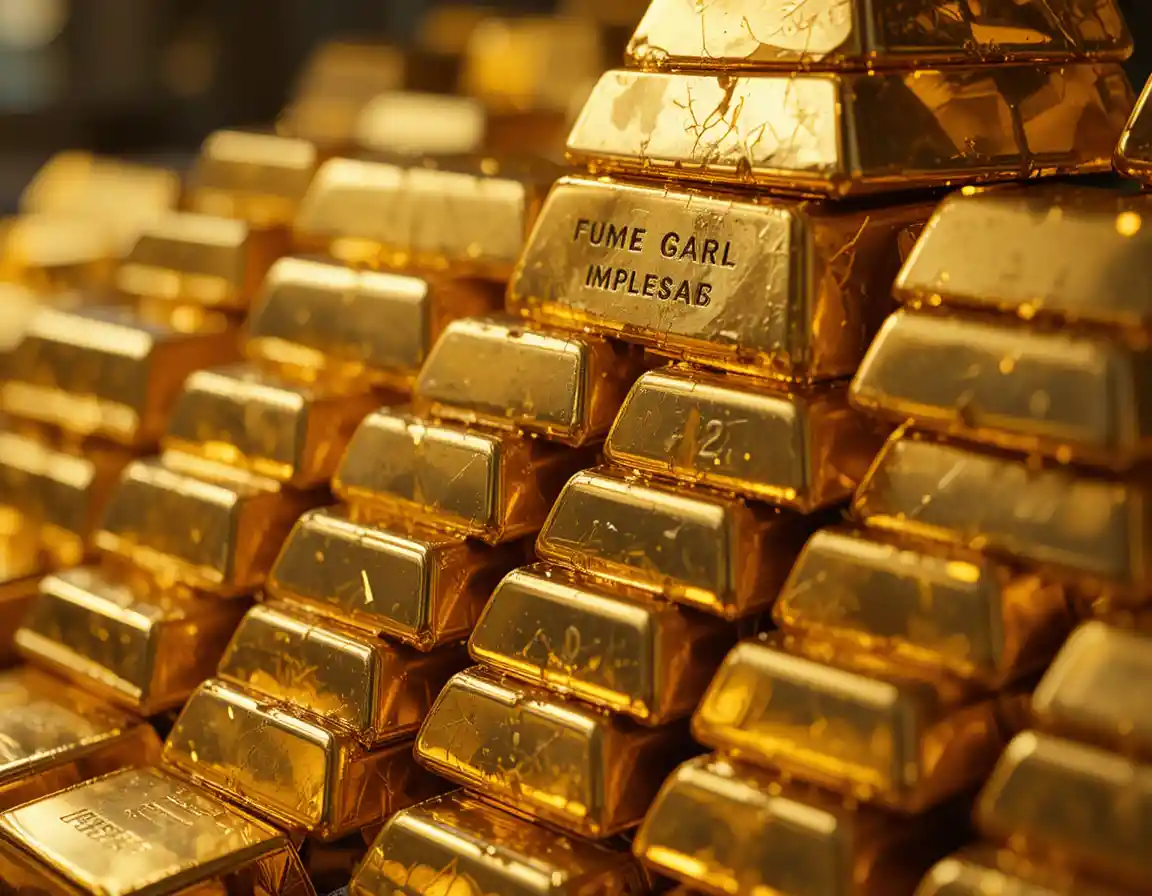 Close up macro view of stacked shining gold bars