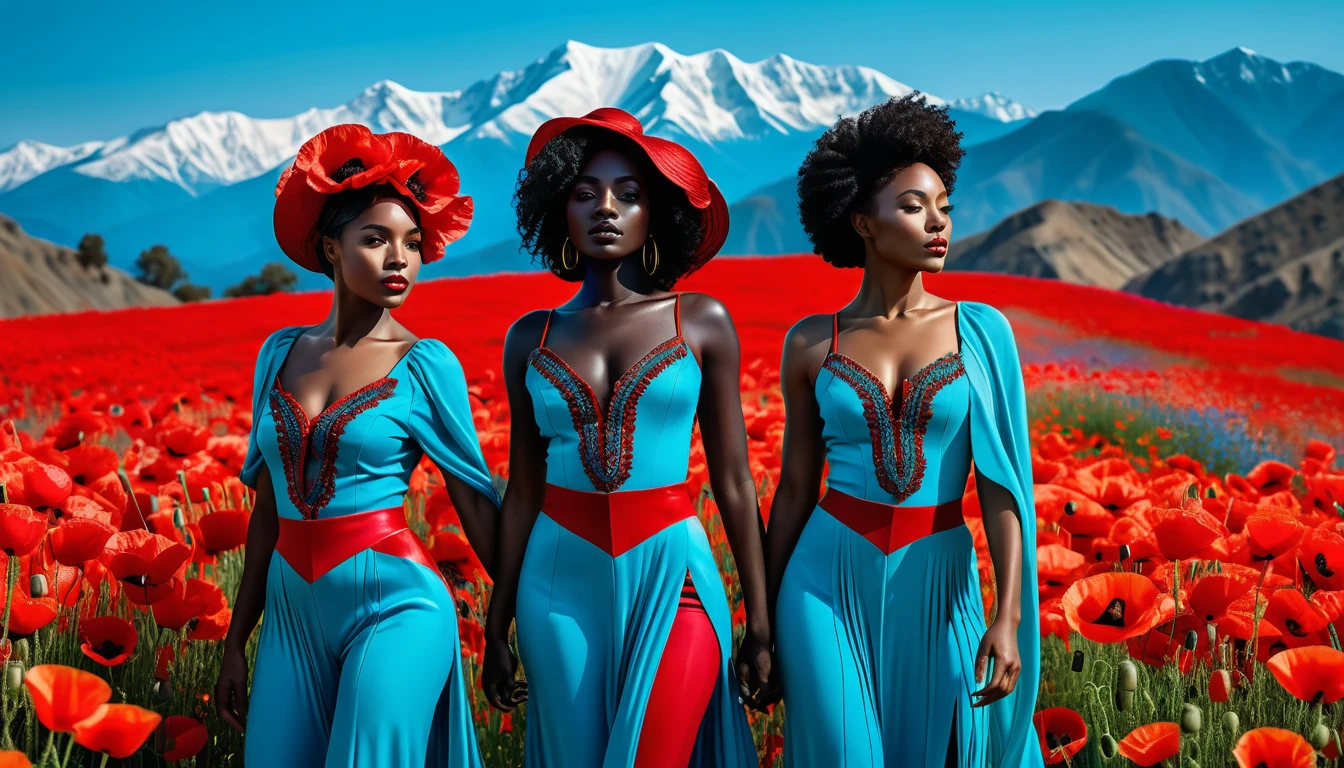 Dark skinned queens in a vivid poppy field below blue mountains