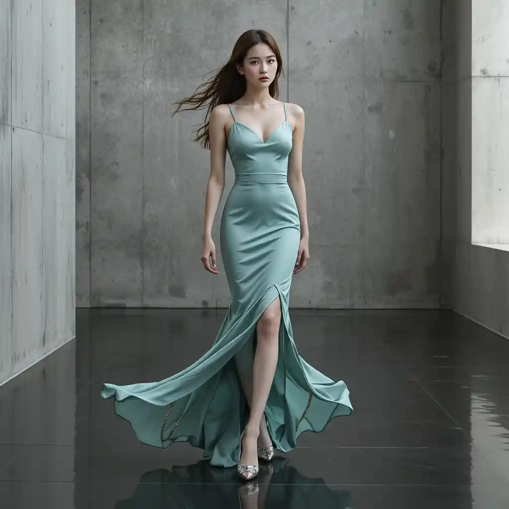 Korean woman in seafoam slip dress on reflective studio floor