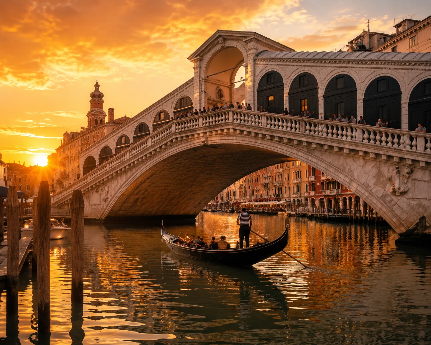 Rialto Bridge And Gondola On Venice Grand Canal At Sunset