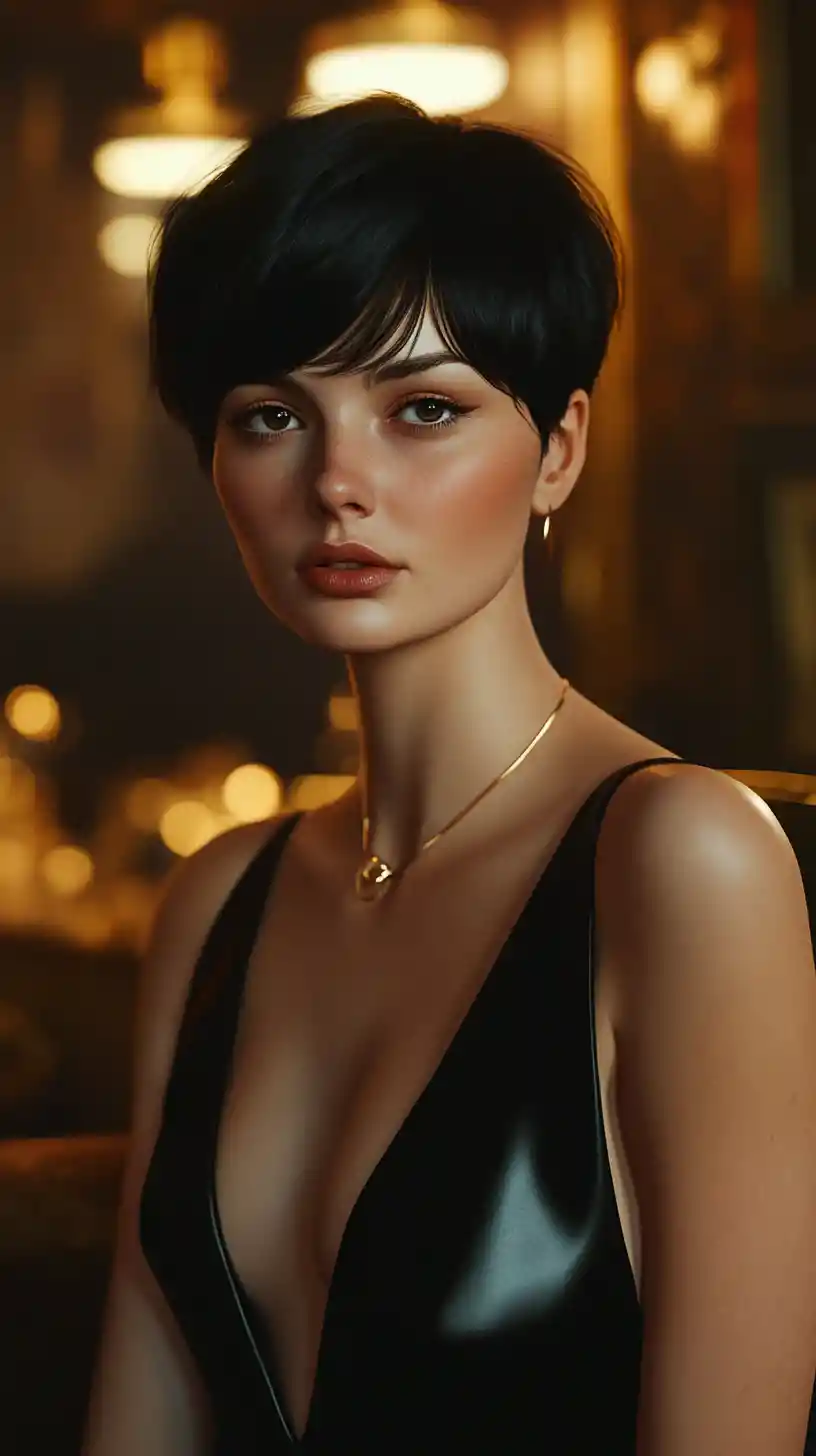 Cinematic portrait of a woman in a black silk slip dress