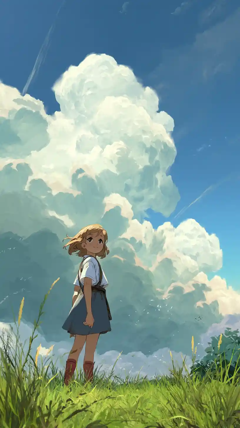 Smiling young girl in a grassy field with glowing clouds