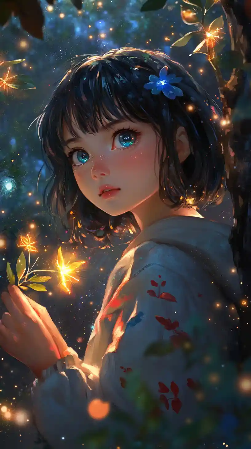 Anime girl holding glowing plant in starry forest night
