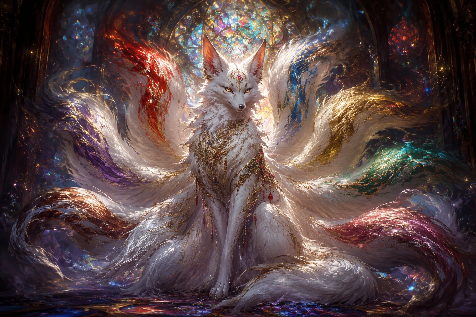 Mystical nine tailed fox spirit in a dim chamber