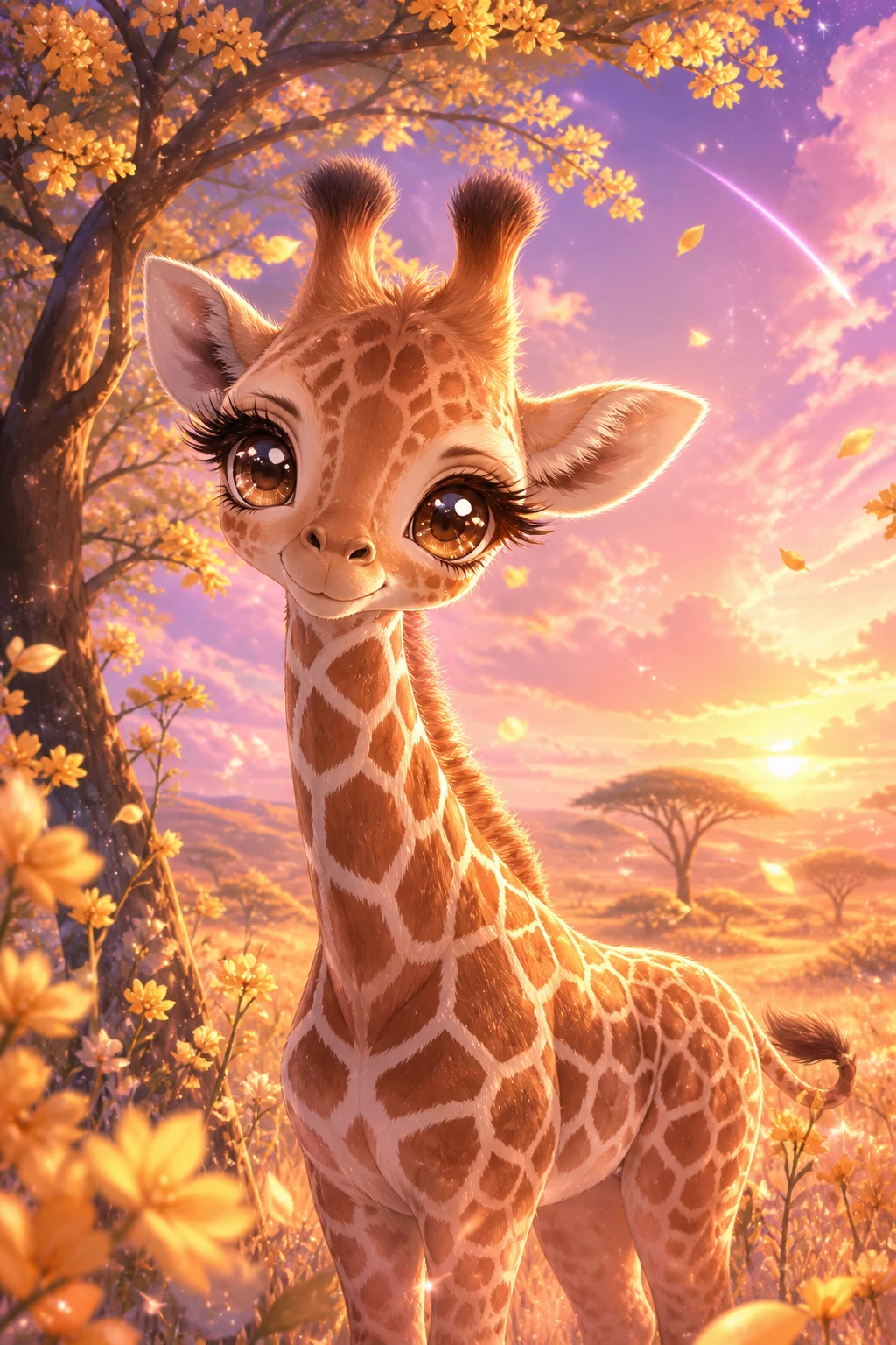 Cute anime giraffe calf beside acacia trees at sunset