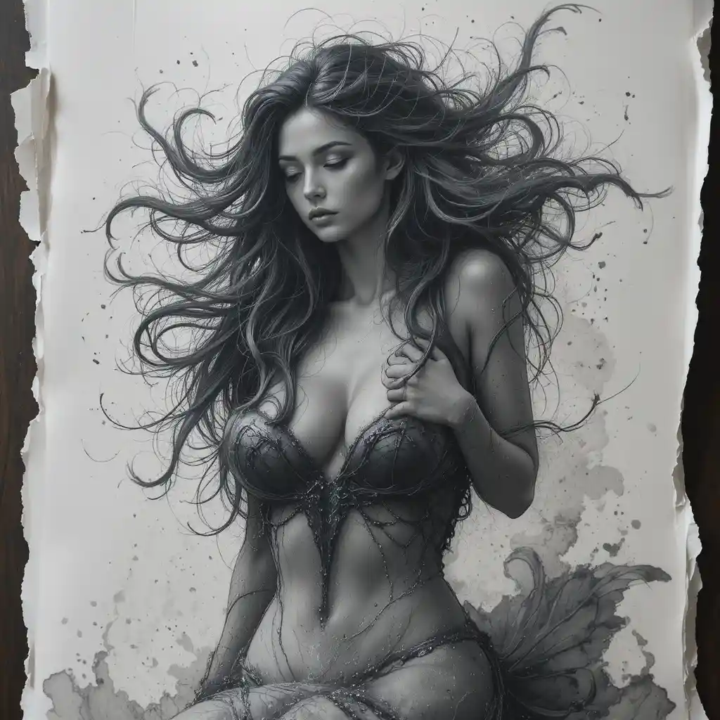 Charcoal mermaid portrait blending into vivid reality