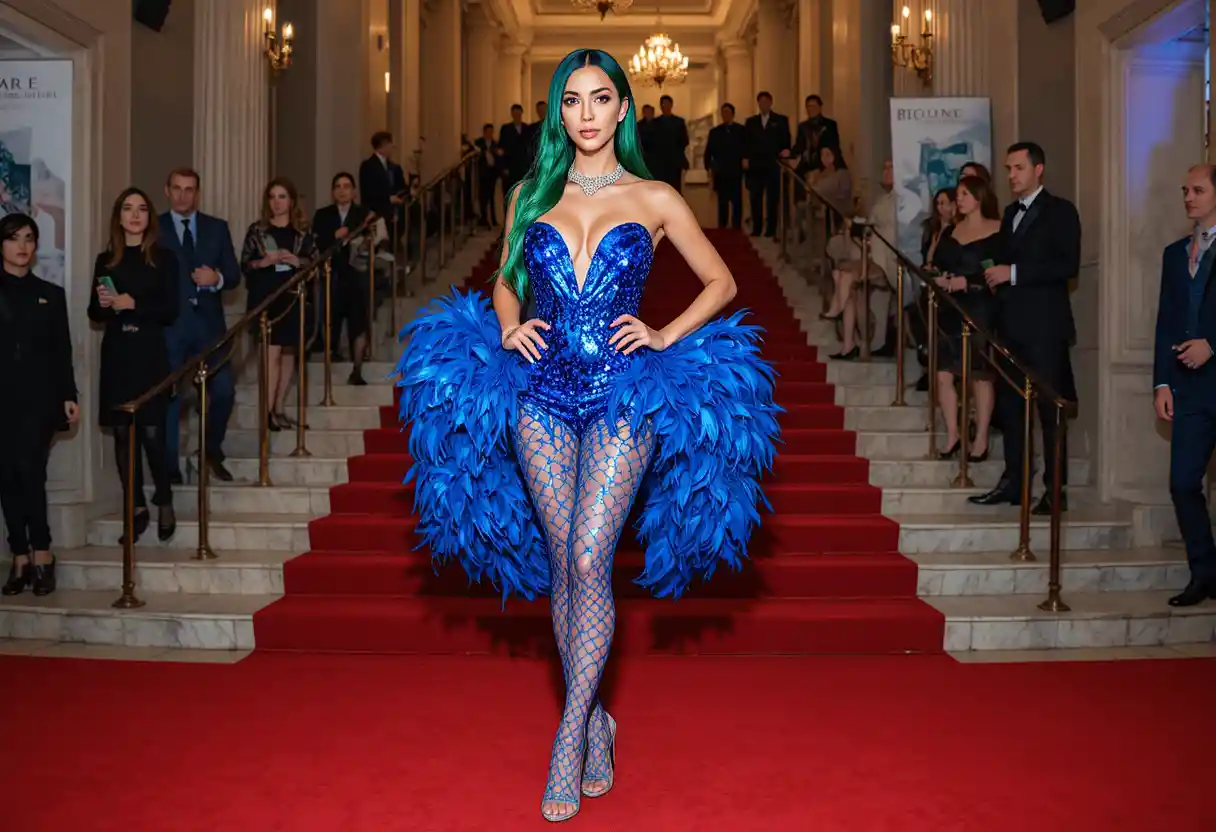 Glamorous woman with green hair on a red carpet