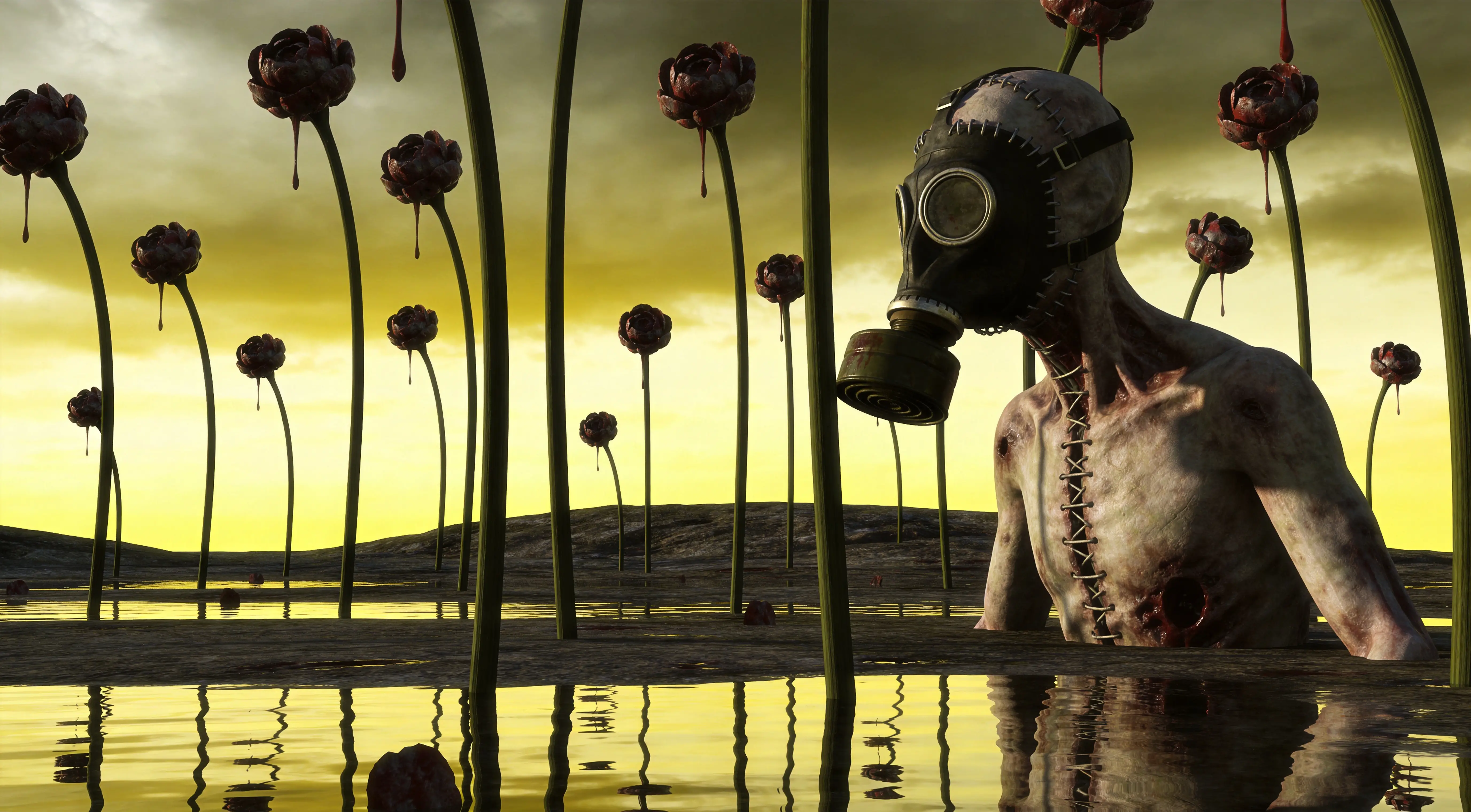 Surreal humanoid in gas mask in toxic dystopian landscape