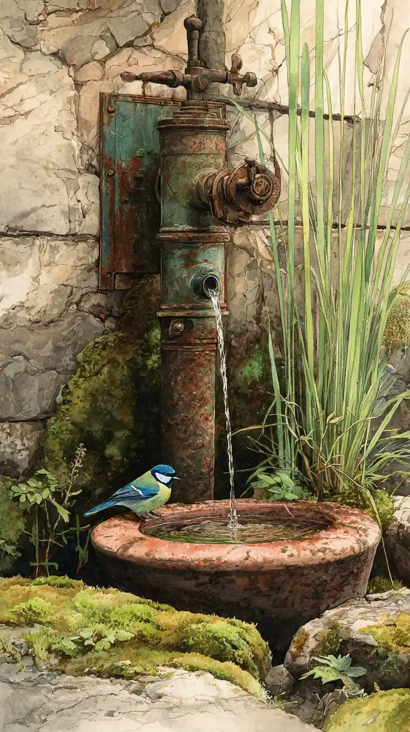 Rustic watercolor of a garden water pump and bird