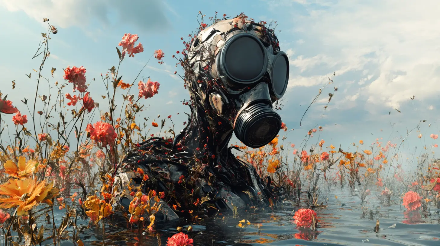 Surreal humanoid in gas mask in toxic dystopian landscape