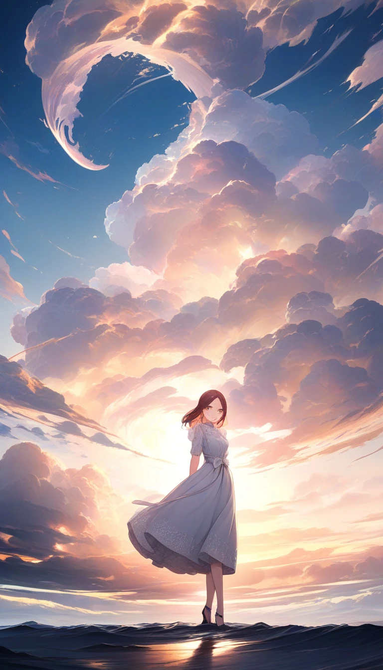 Anime girl with long red hair at sunrise outdoors