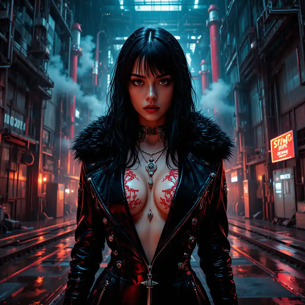 Cyberpunk femme fatale in rain soaked industrial refinery