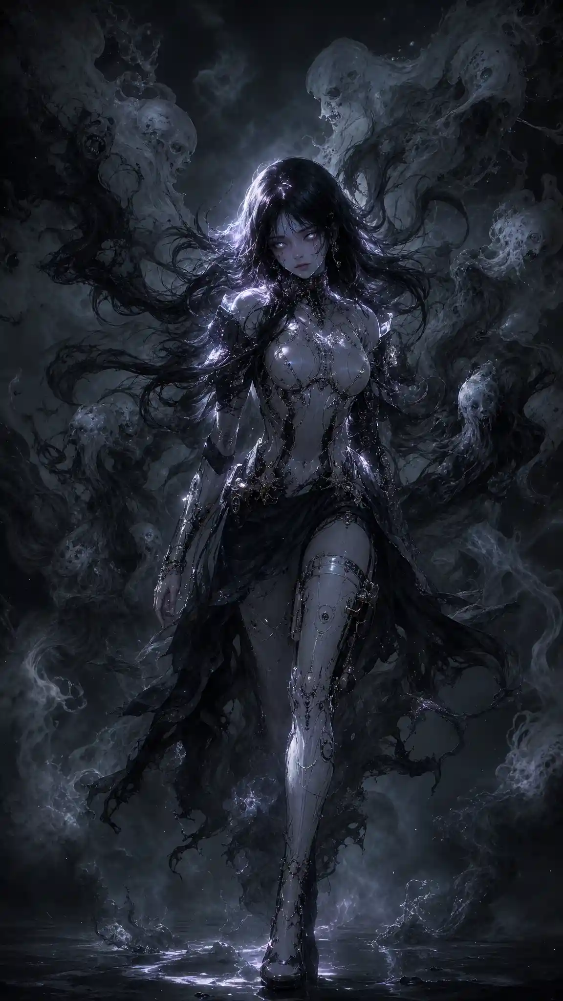 Dark armored beauty walking through swirling ghostly smoke