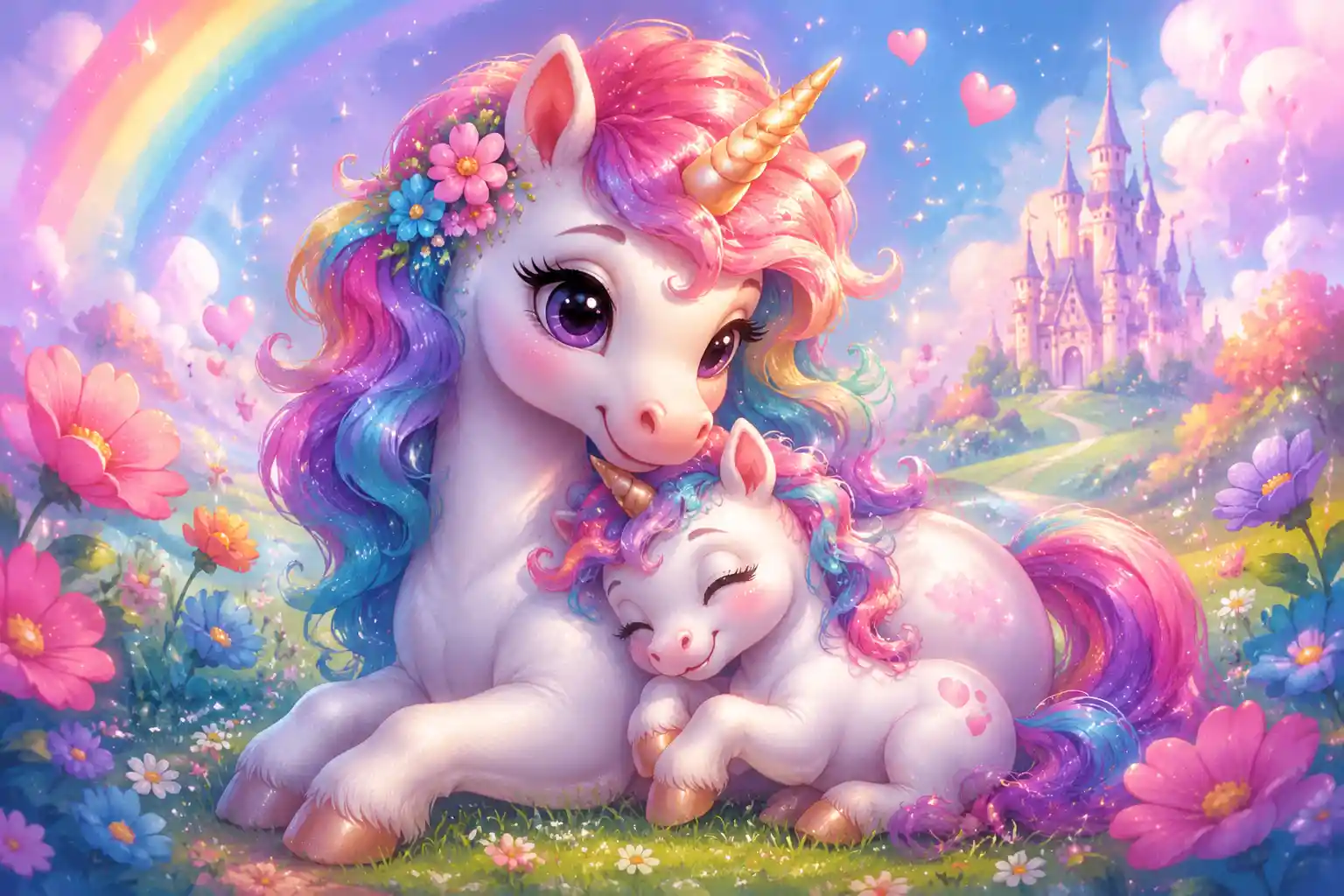 Cute baby unicorn cuddling with mother in pastel meadow