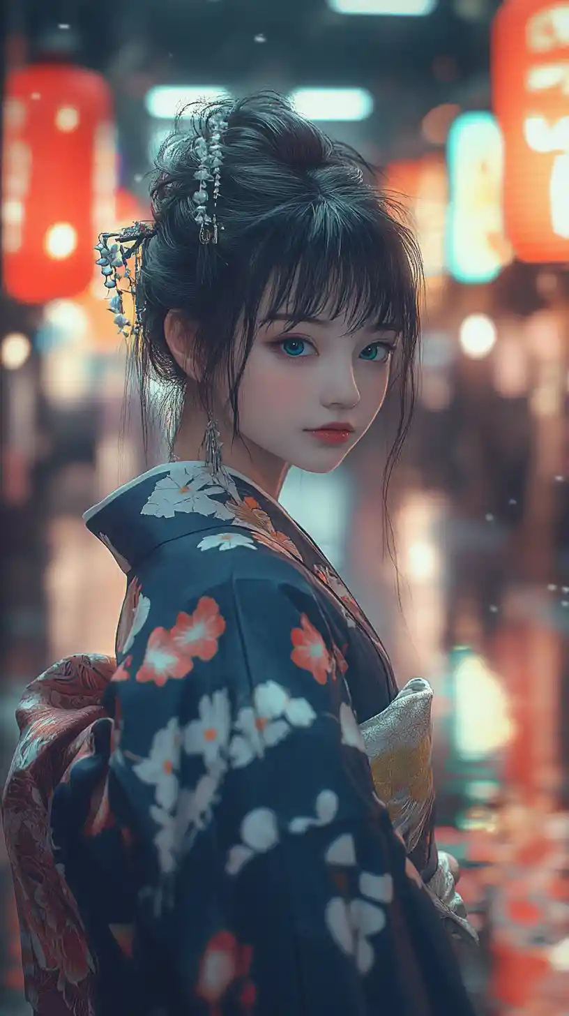 Stylish anime woman in floral kimono in neon lit alley