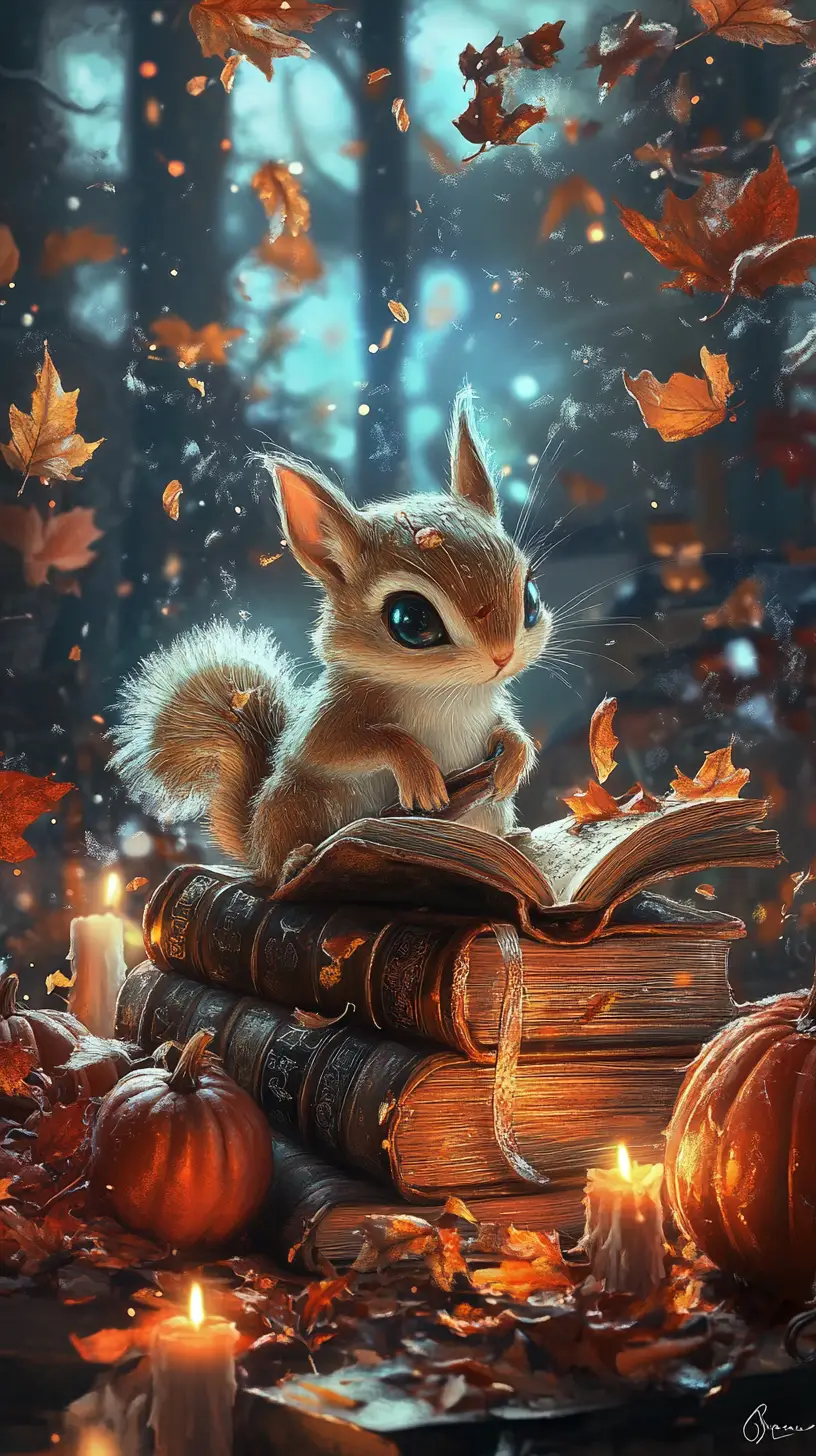 Tiny magical creature nestled among ancient spellbooks
