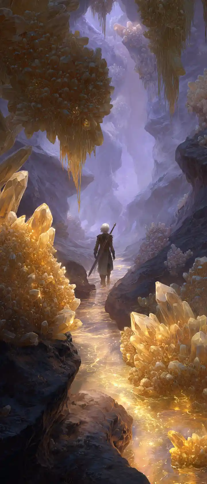 Warrior woman in a glowing crystal cave passage