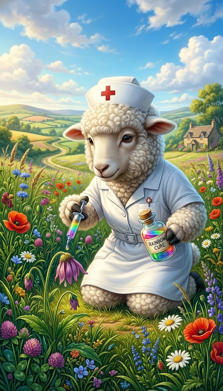 Cute nurse sheep giving rainbow medicine to a flower