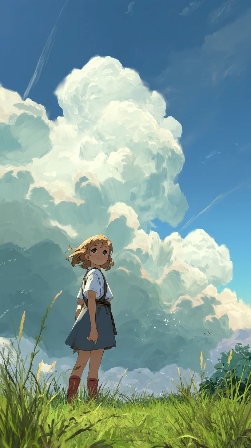 Smiling young girl in a grassy field with glowing clouds