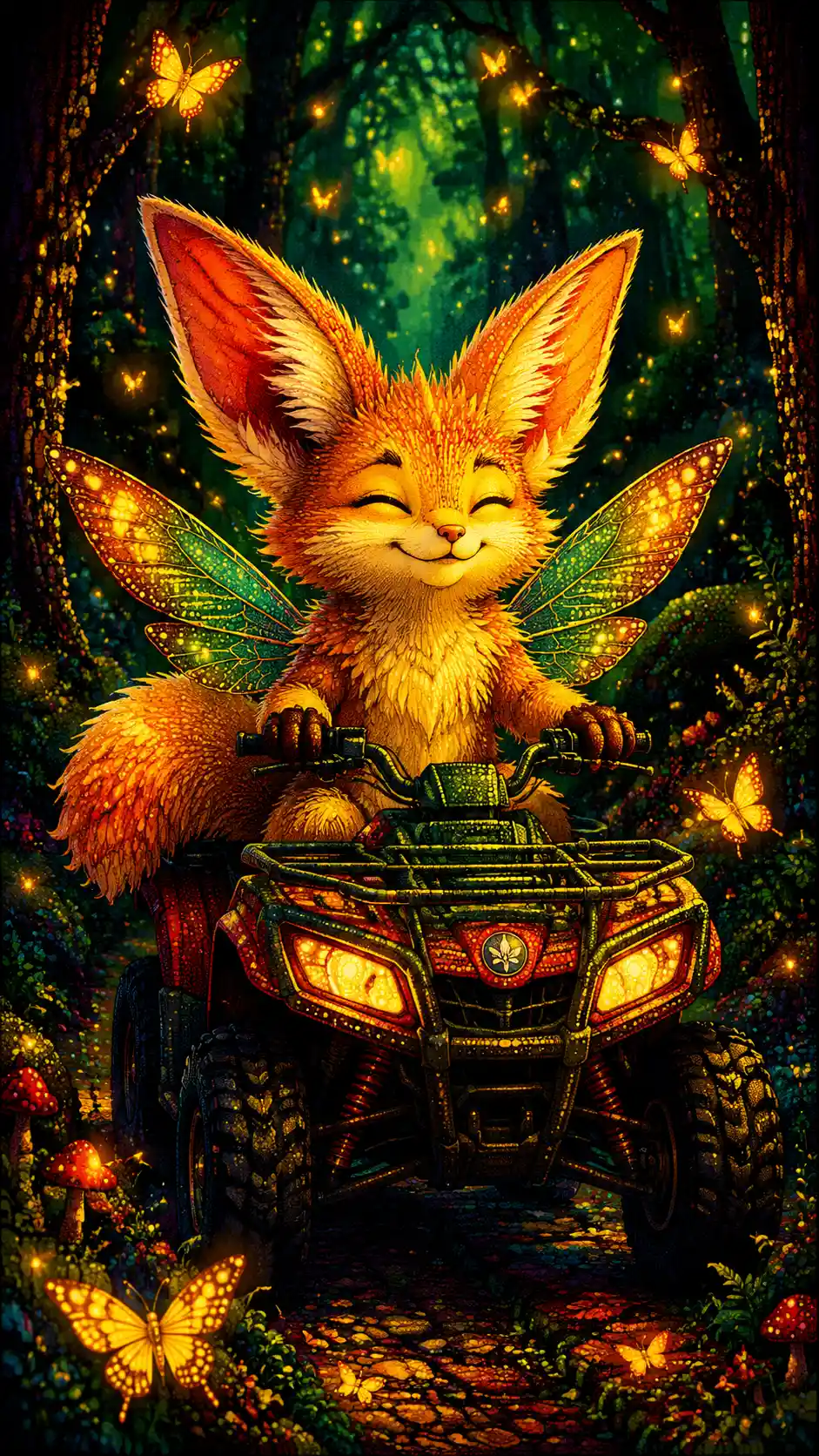 Cute fox fairy creature riding an atv in forest