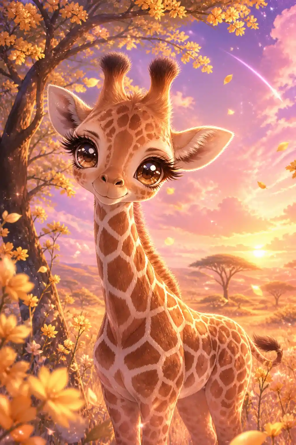Cute anime giraffe calf beside acacia trees at sunset