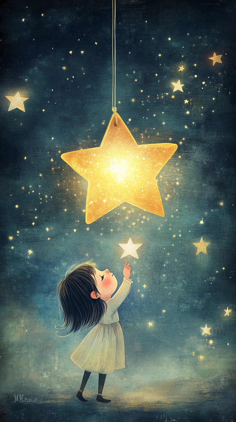 Girl Listening To A Glowing Star In A Foggy Night Sky