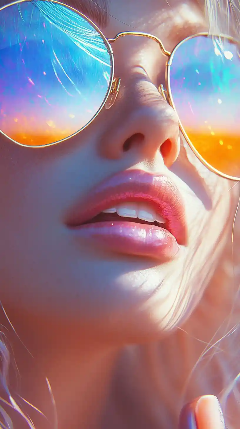 Dreamy close up of glossy lips and aviator sunglasses