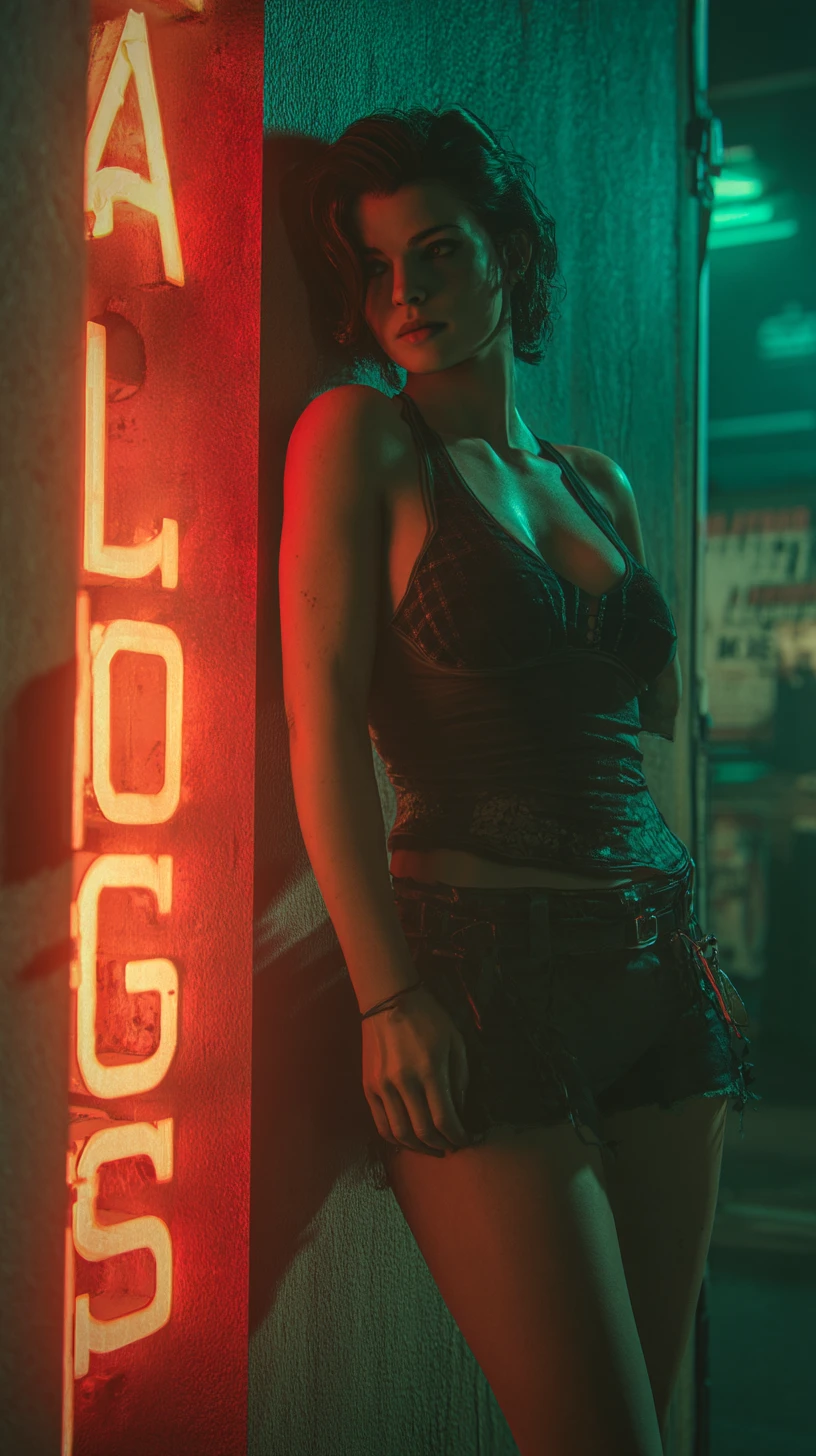 Donna appoggiata a un muro illuminato al neon in una strada notturna cinematografica