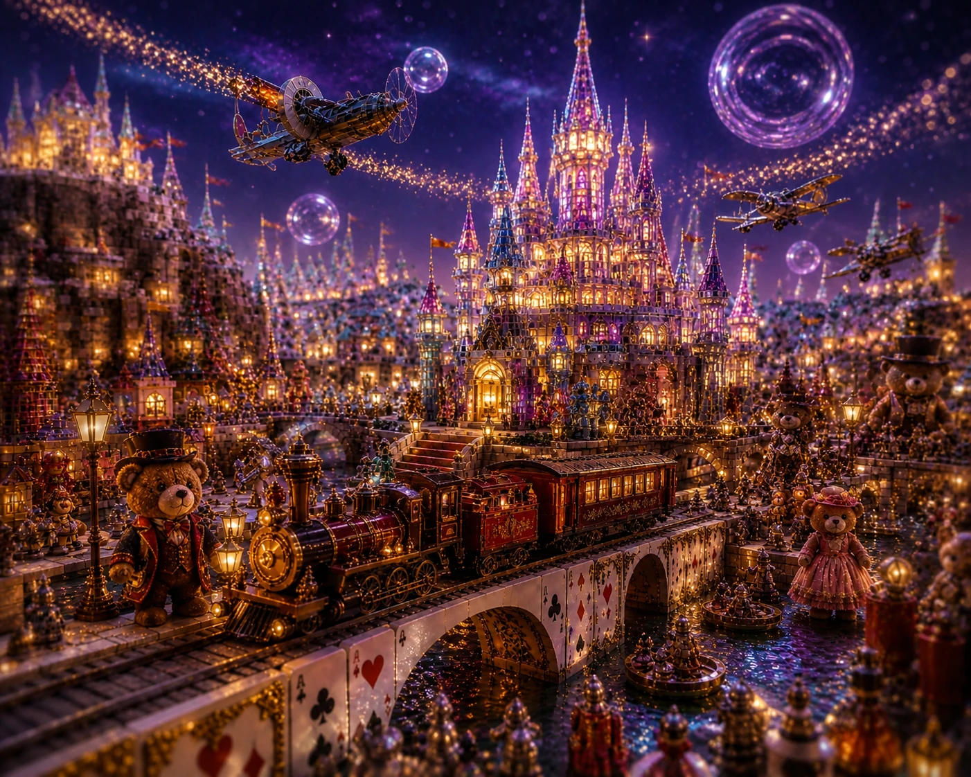 Toy metropolis night scene with glowing crystal brick castle