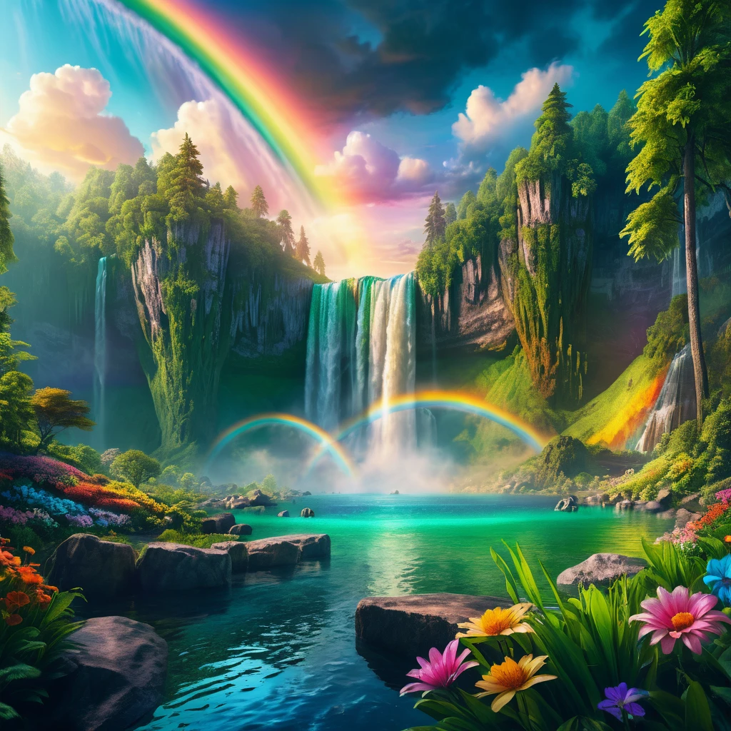 Majestic fantasy waterfalls over a crystal emerald lake