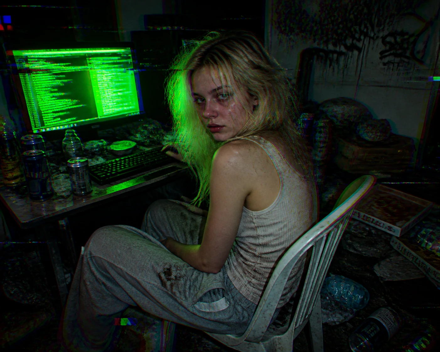 Exhausted young hacker lit by green computer screen