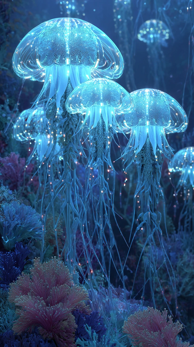 Futuristic Underwater Jellyfish In Neon Coral Garden