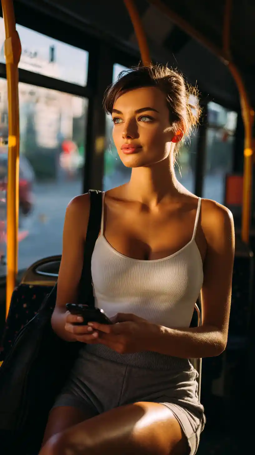 Woman on a morning bus absorbed in her phone