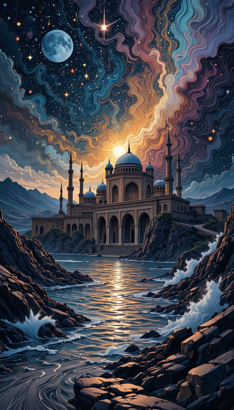 Abstract line seascape with cosmic inspired architecture