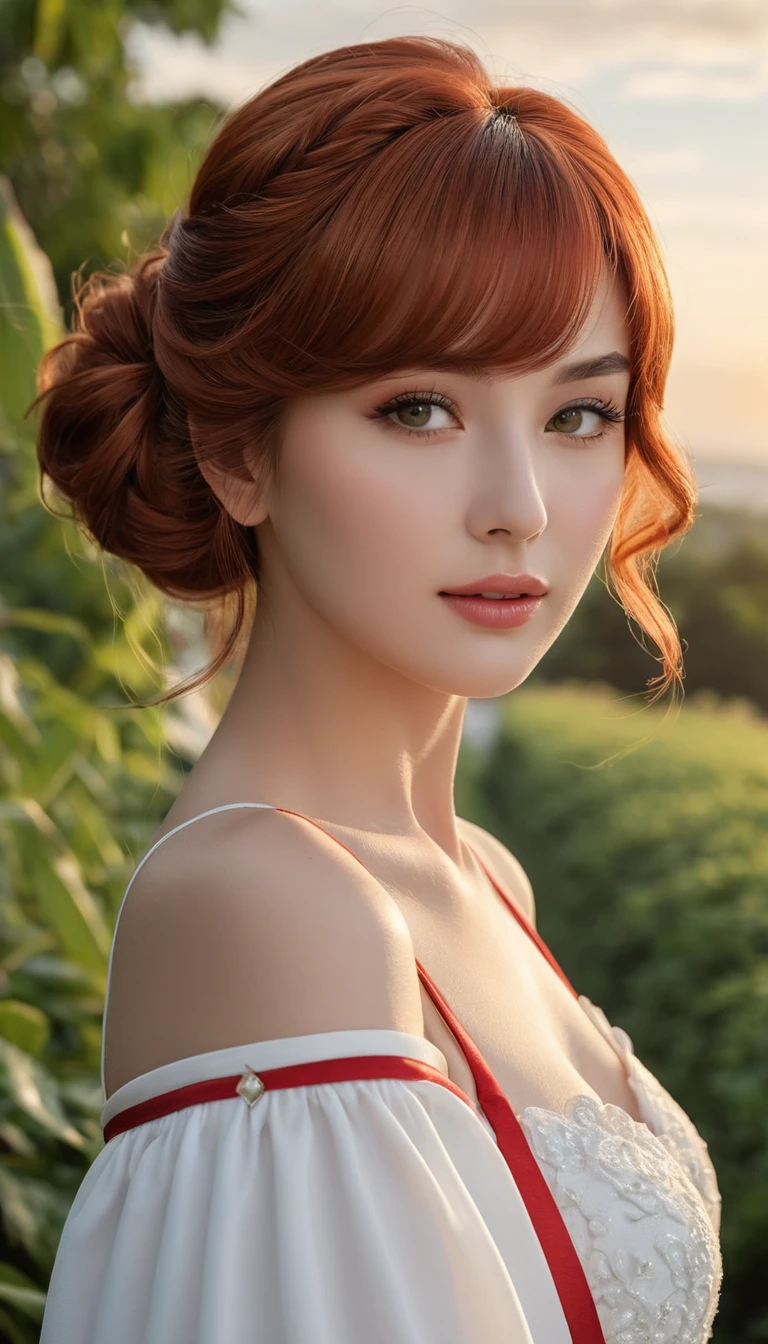 자연 속 일출 하늘 아래 서 있는 애니메이션 소녀