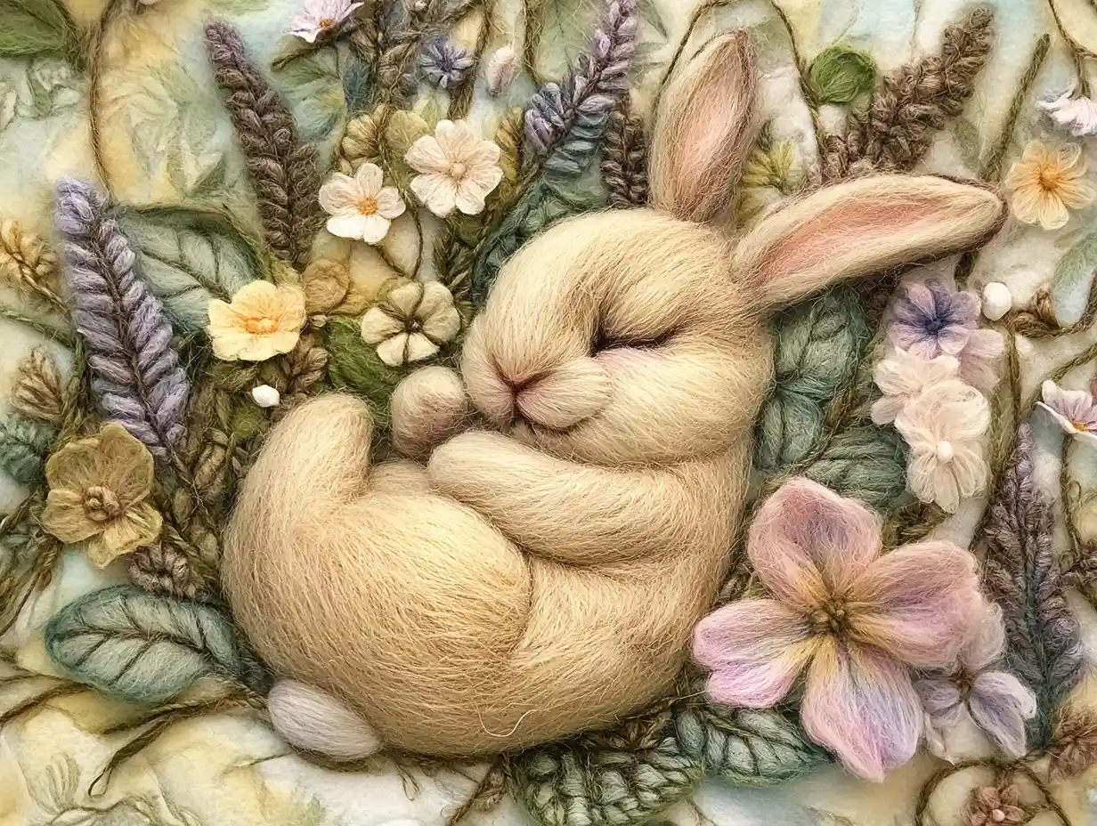 Schläfriges gefilztes Kaninchen zwischen weichen Wollblumen