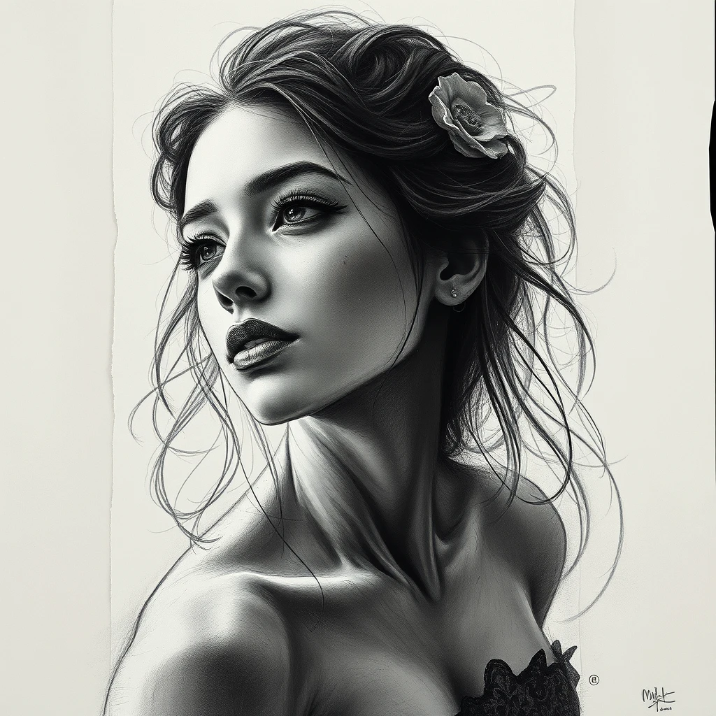 Charcoal mermaid portrait blending into vivid reality
