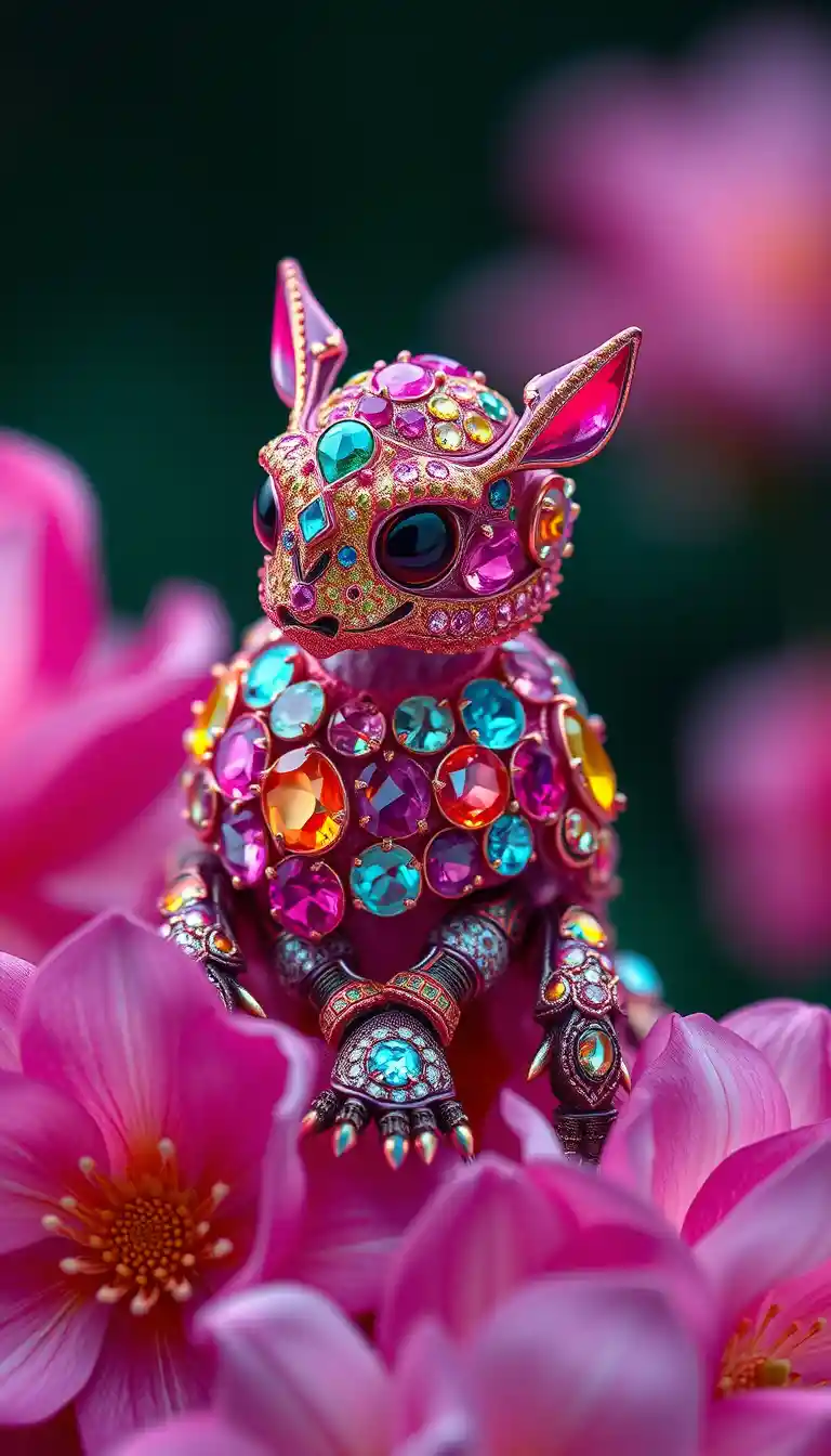 Gem encrusted beetle on vivid pink and yellow flowers