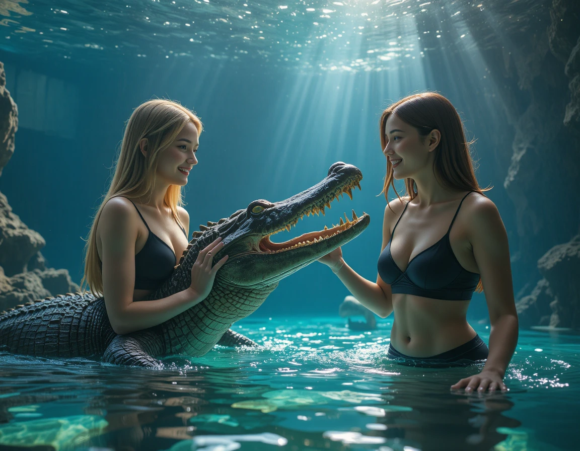 Two women in swimsuits by crocodile aquarium glass