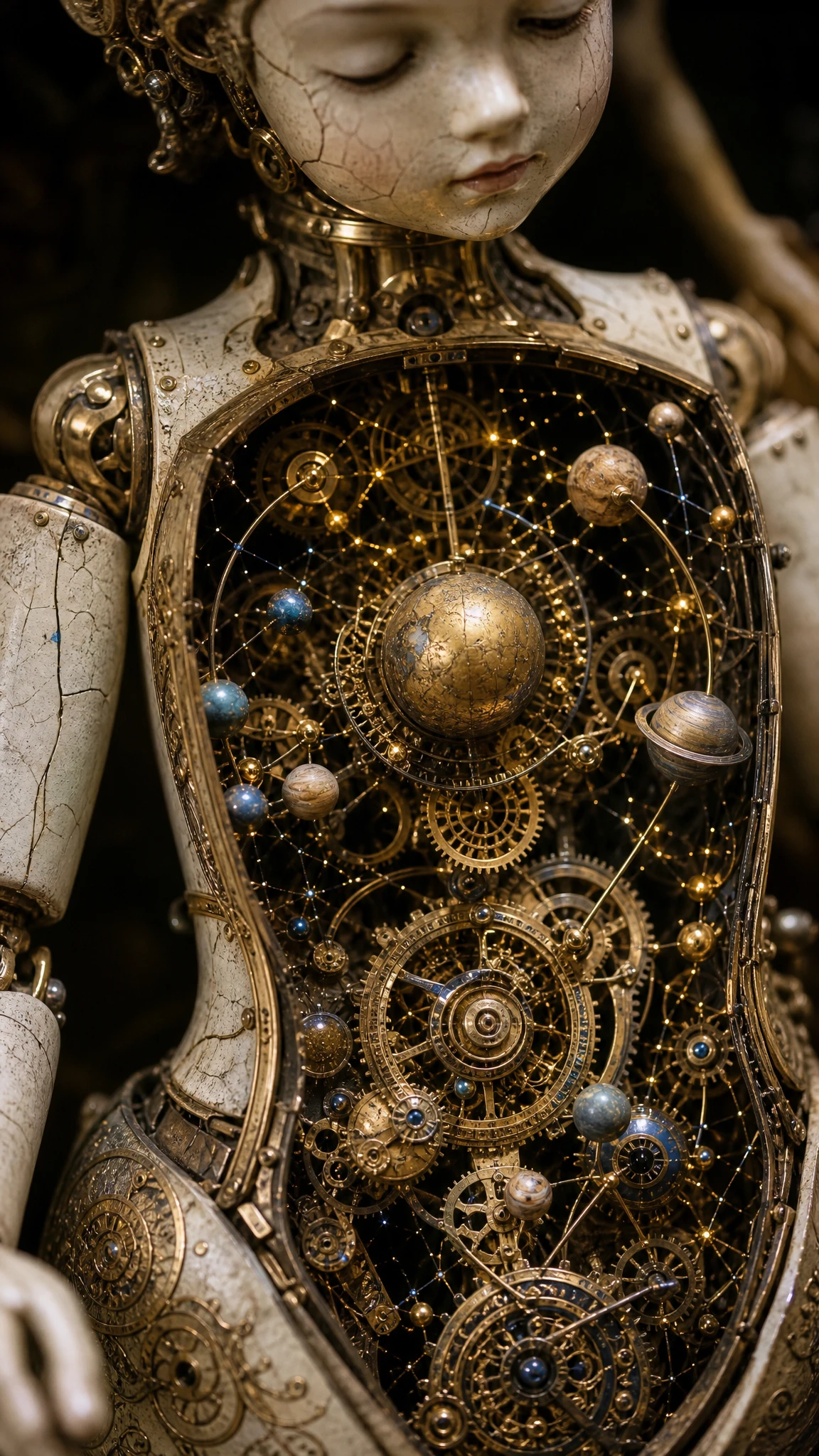 Antique mechanical doll interior filled with gears and stars