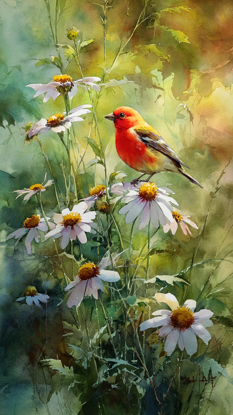 Yellow bird on daisies in a sunlit watercolor forest