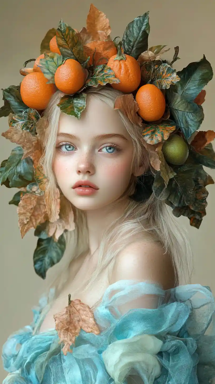 Ethereal leaf clad girl with orange fruit headpiece