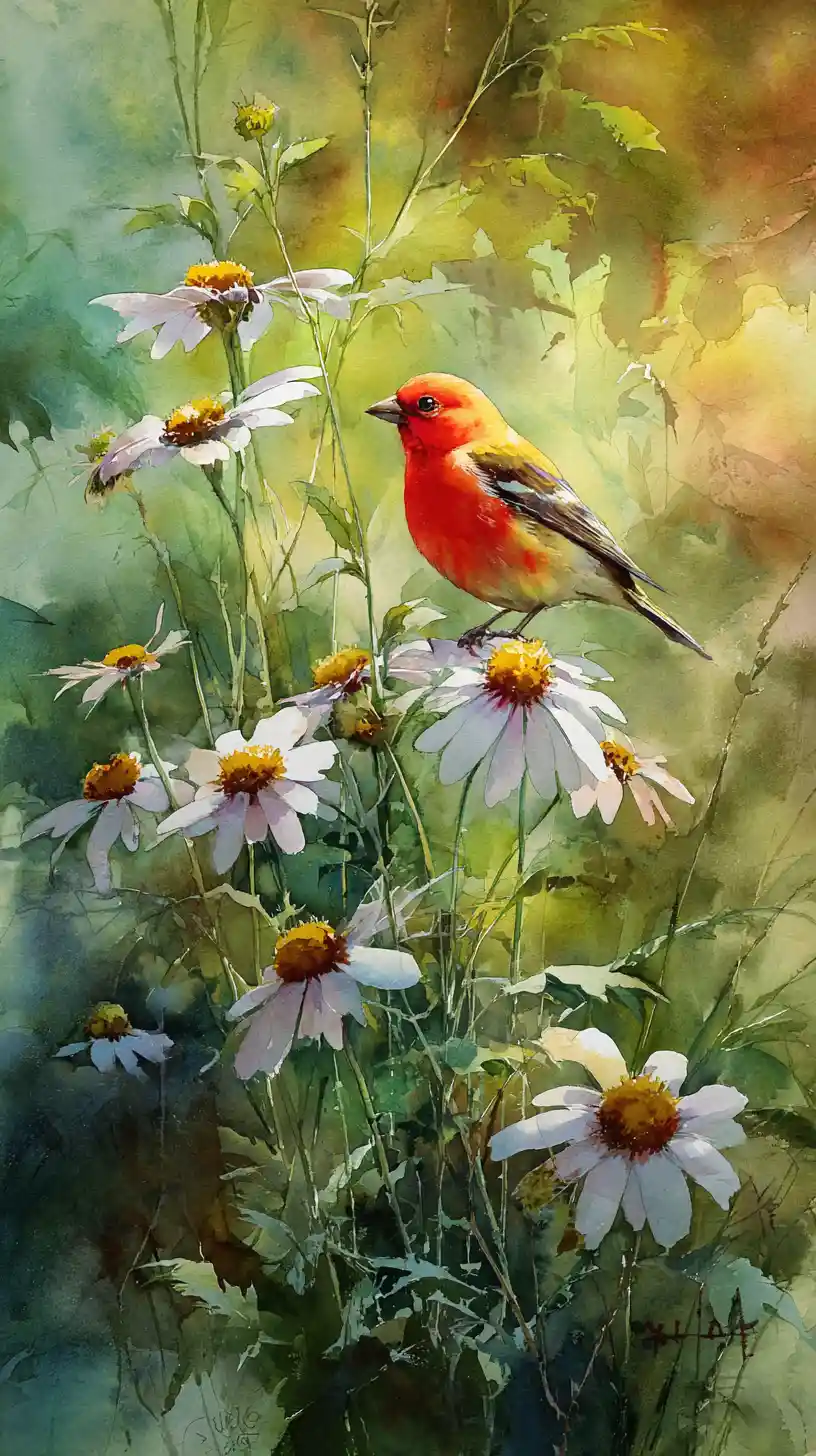 Yellow bird on daisies in a sunlit watercolor forest