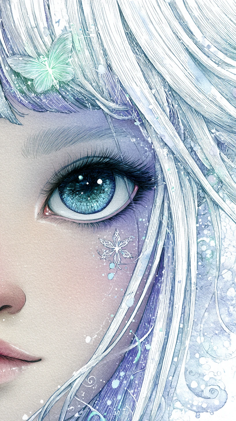 Ethereal close up portrait of a icy eyed winter girl