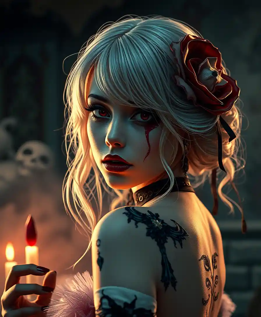 Donna gotica con schiena sanguinante in una scena fantasy oscura